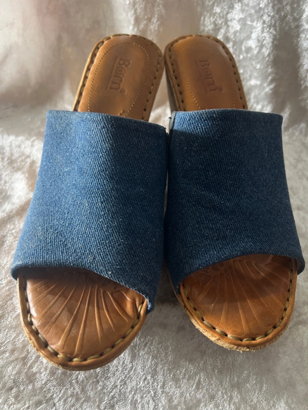 Born Denim Blue Cork Wedge Slide Sandals - Picture 3 of 11